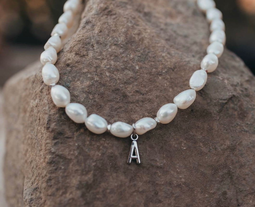 Necklace Pearl Silver Tone Alphabet