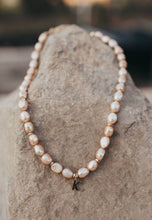 Load image into Gallery viewer, Necklace Light Peach Pearls Gold Tone Letter
