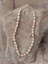 Load image into Gallery viewer, Necklace Light Peach Pearls Gold Tone Letter
