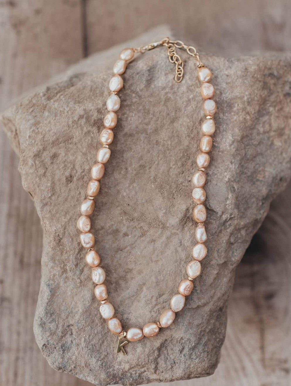 Necklace Light Peach Pearls Gold Tone Letter